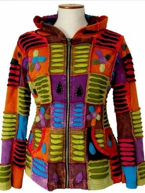 Patchwork Peace Sign Festival Jacket Hippie Boho Artsy Coat Small